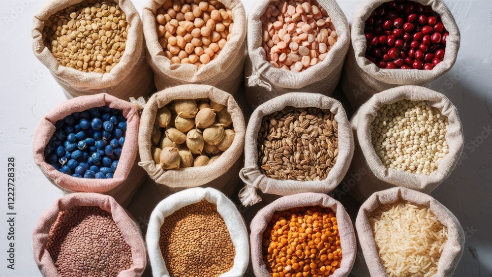 Variety of dried legumes and grains arranged in burlap bags on a light surface featuring lentils chickpeas beans and rice in vibrant earthy tones. Variety of dried legumes and grains arranged in burlap bags on a light surface featuring lentils chickpeas beans and rice in vibrant earthy tones.