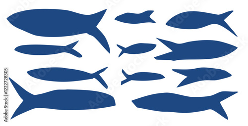 Fish silhouette set. Sardines school collection. Salmon silhouettes. Undersea animals. Vector hand drawn cutout collage elements illustration isolated on white background.