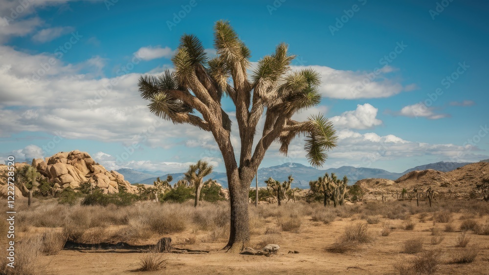 Lone Joshua Tree in a Desert Landscape Against a Bright Blue Sky with Fluffy Clouds and Rocky Terrain in Warm Earthy Tones Lone Joshua Tree in a Desert Landscape Against a Bright Blue Sky with Fluffy Clouds and Rocky Terrain in Warm Earthy Tones