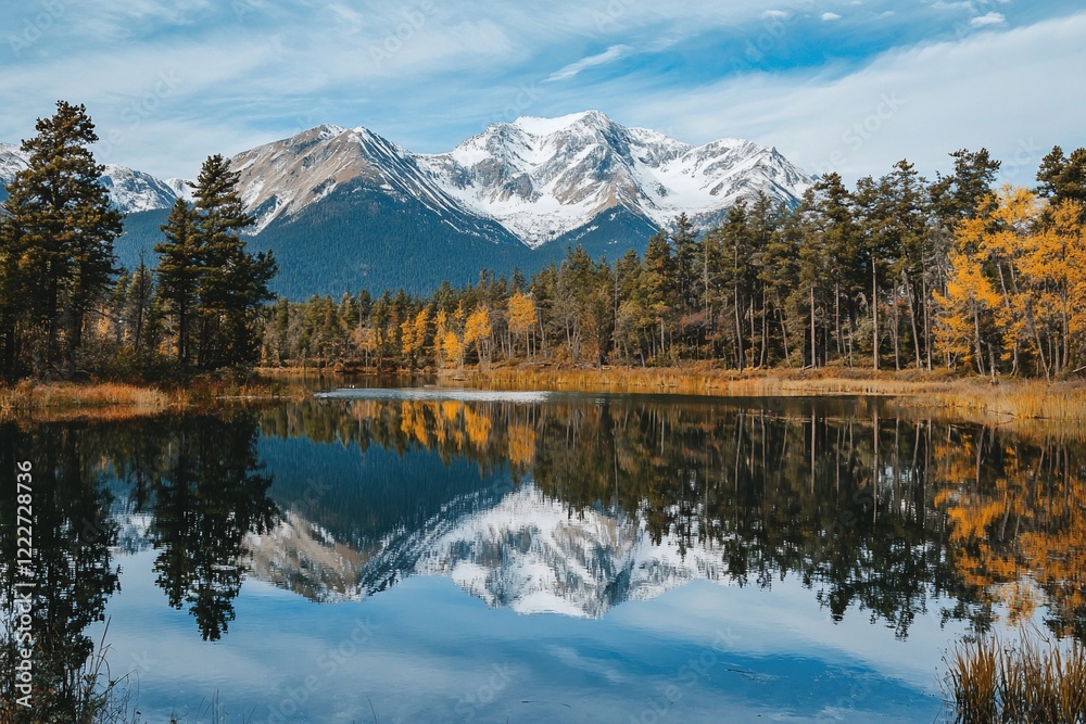 Serene mountain lake reflecting snow-capped peaks and vibrant autumn trees under a clear sky Serene mountain lake reflecting snow-capped peaks and vibrant autumn trees under a clear sky