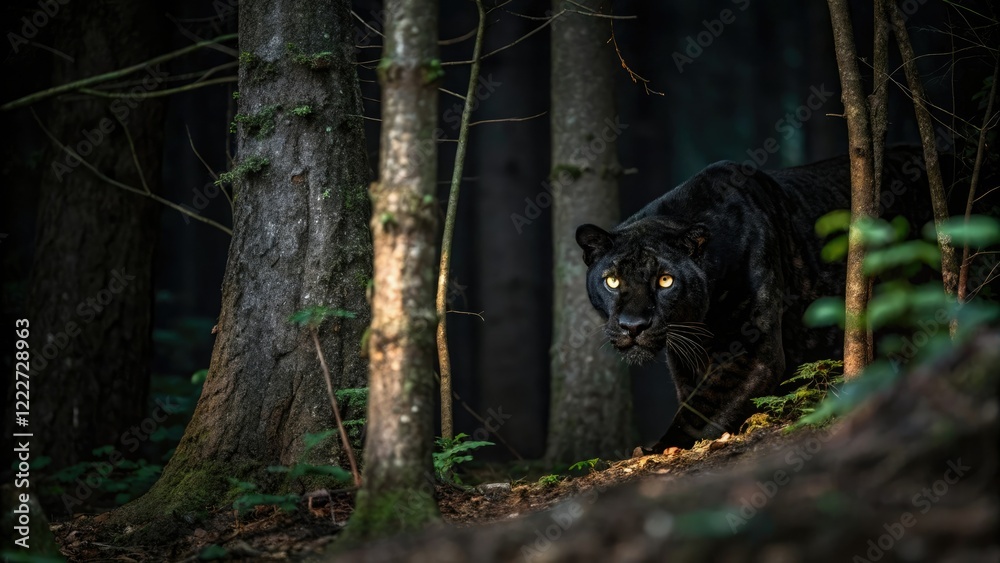 Glowing eyes of a nocturnal predator illuminated in the dark forest, glowing eyes, predator senses Glowing eyes of a nocturnal predator illuminated in the dark forest, glowing eyes, predator senses
