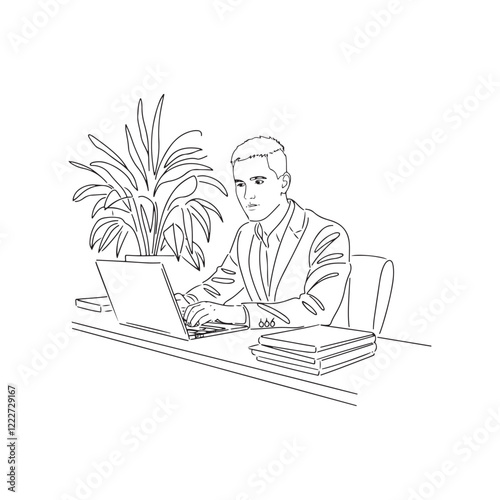 Business Man at Desk - Digital Line Drawing for Office and Workstation Designs - Man at Desk Silhouette - Man at Desk Vector - Office Illustration - Man at Desk Line Art
