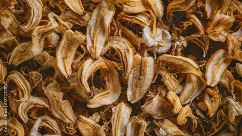 Closeup of dried banana peels in varying shades of beige and brown arranged densely on a dark surface highlighting their texture and intricate details.