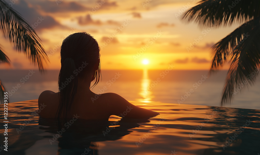 A woman relaxing in an infinity pool with a view of a tropical beach at sunset, shot from behind. A woman relaxing in an infinity pool with a view of a tropical beach at sunset, shot from behind.