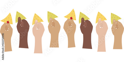 Mens and Womens Hands different race holding corn and spinach nachos. Nachos Day decorative elements