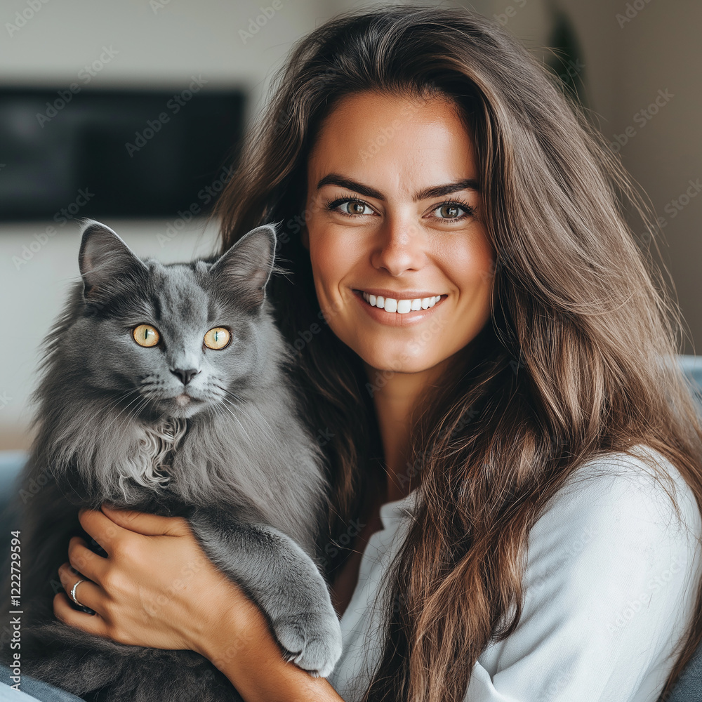 A beautiful woman with long hair and blue eyes holds her cat in front of the camera. A beautiful woman with long hair and blue eyes holds her cat in front of the camera.