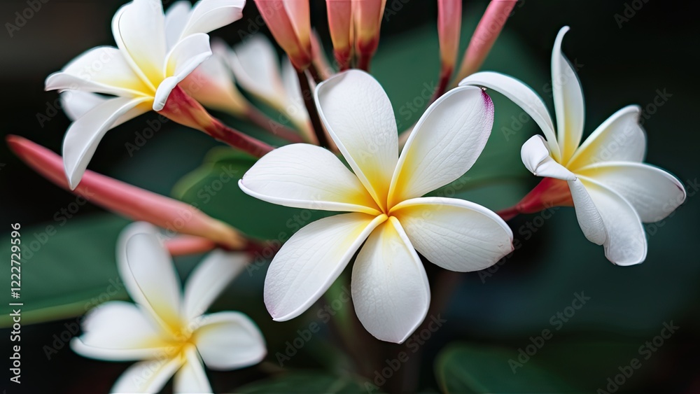 Close-up of vibrant white and yellow Japanese frangipani flowers against dark green foliage, showcasing delicate petals and soft natural lighting. Close-up of vibrant white and yellow Japanese frangipani flowers against dark green foliage, showcasing delicate petals and soft natural lighting.