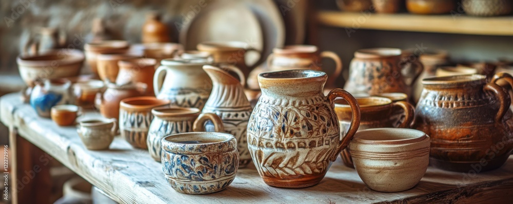 Fototapeta premium Diverse collection of artisan pottery on rustic wooden table in warm tones