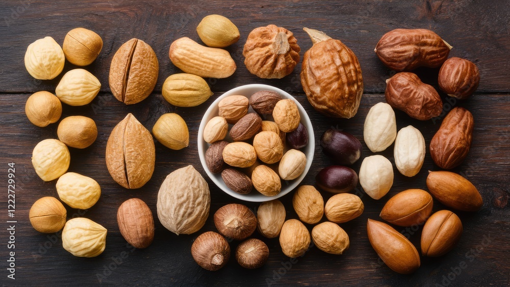 Assorted nuts including walnuts hazelnuts and almonds arranged around a white bowl on a rustic wooden surface in earthy tones Assorted nuts including walnuts hazelnuts and almonds arranged around a white bowl on a rustic wooden surface in earthy tones