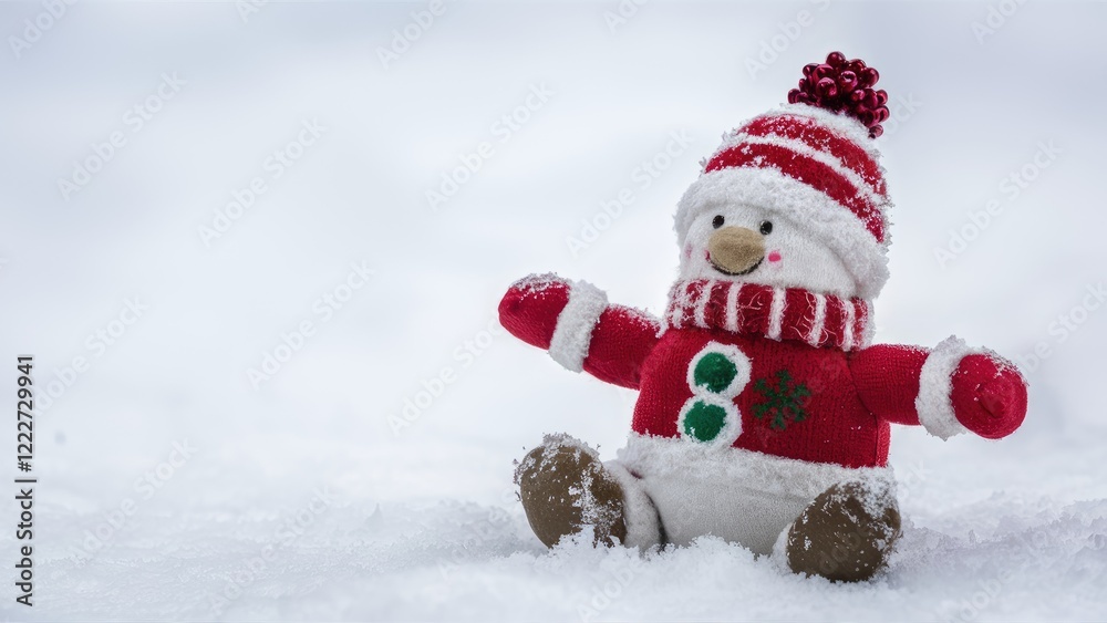 Colorful snowman toy dressed in red and white sitting on soft snow with a blurred white background showcasing festive winter charm and joy. Colorful snowman toy dressed in red and white sitting on soft snow with a blurred white background showcasing festive winter charm and joy.