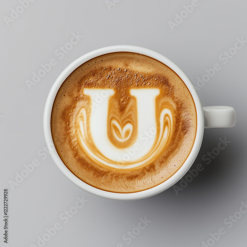 A coffee cup with latte art in the shape of the letter 