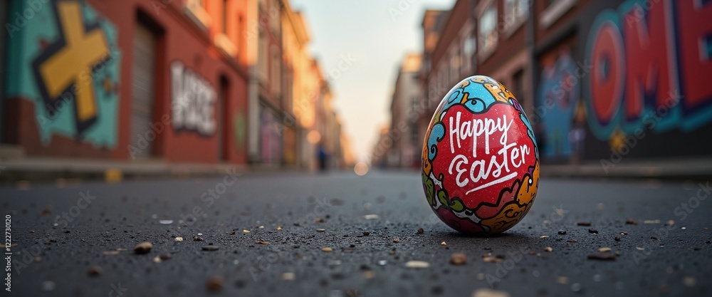 Obraz premium Colorful Easter egg with intricate graffiti design resting on urban street, vibrant city backdrop. Celebrating street art and Easter joy. Greeting card, banner or holiday poster