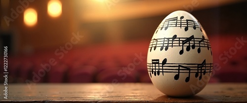 Egg painted with music notes on a wooden surface in a concert hall, symbolizing harmony and Easter celebration. Greeting card, banner or holiday poster for Happy Easter promotion photo