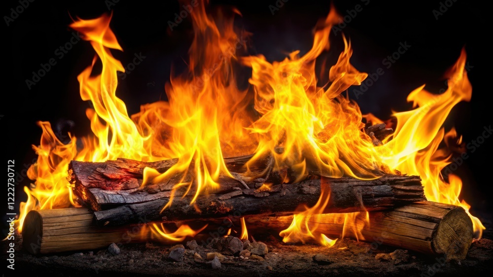 Intense flames engulf a burning log in the center of a dark black background , black, fire, black Intense flames engulf a burning log in the center of a dark black background , black, fire, black