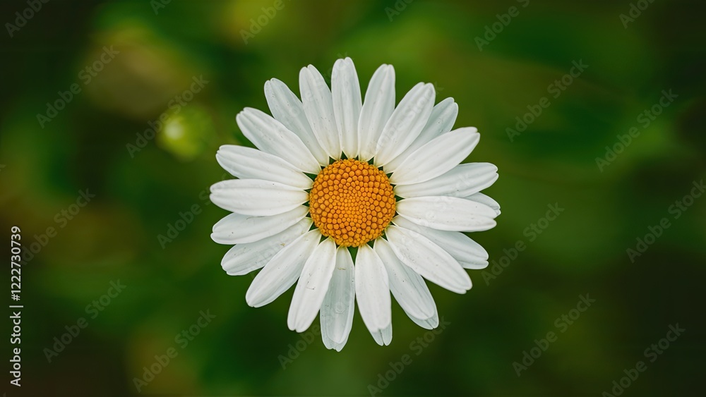 Obraz premium Vibrant white daisy with a bright yellow center positioned centrally against a lush green background highlighting natural beauty and freshness