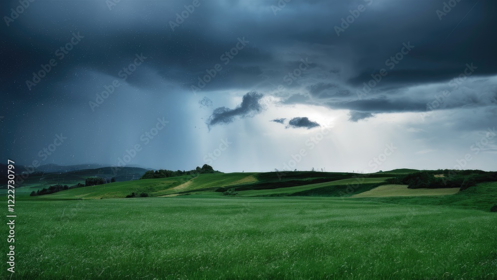 Dramatic cloudy sky with dark storm clouds and rain over lush green fields under brightening light near horizon on an overcast day Dramatic cloudy sky with dark storm clouds and rain over lush green fields under brightening light near horizon on an overcast day