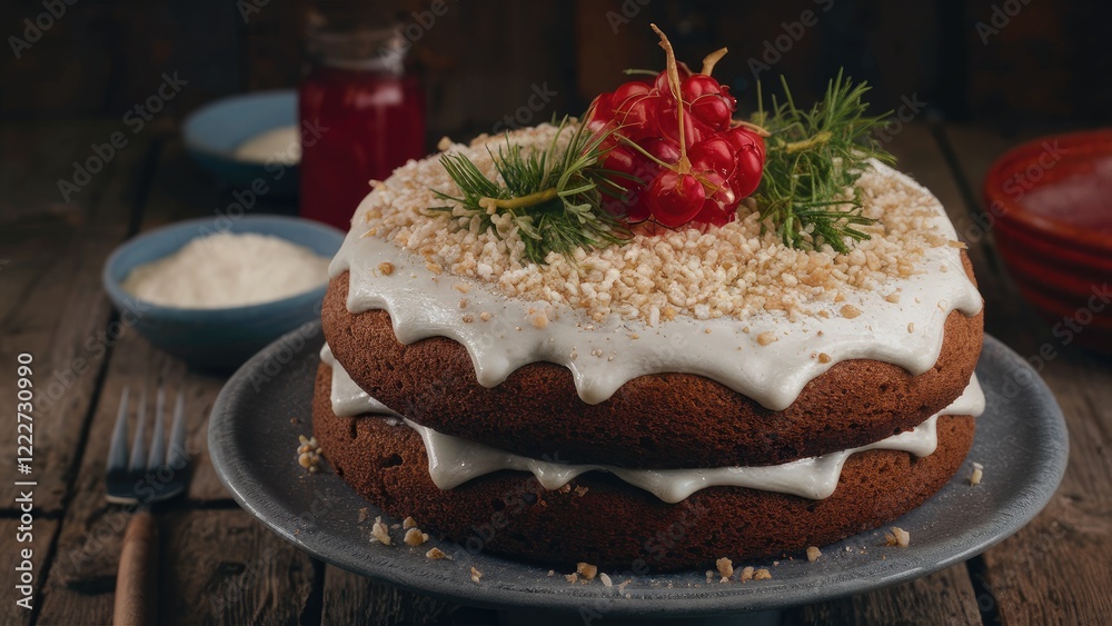Closeup of a freshly baked cake layered with cream and topped with cherries and greenery on a rustic wooden table with plates and a fork Closeup of a freshly baked cake layered with cream and topped with cherries and greenery on a rustic wooden table with plates and a fork
