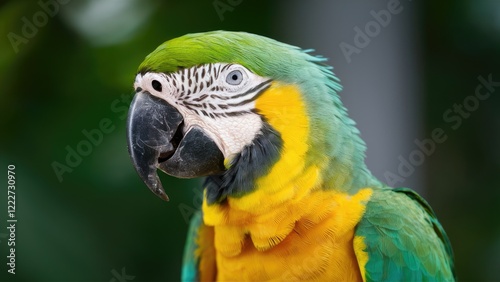 Vibrant closeup of a blue and yellow parrot showcasing intricate feathers with a blurred green background emphasizing the bird's vivid colors.