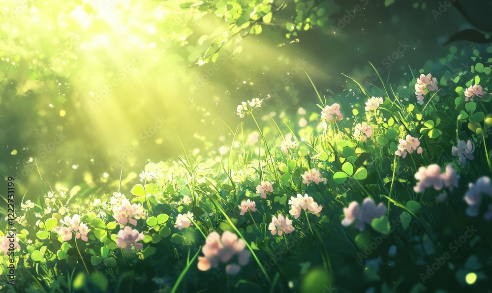 Fototapeta premium Flowering clover in meadow, spring grass and clover flower lit by sunlight in spring