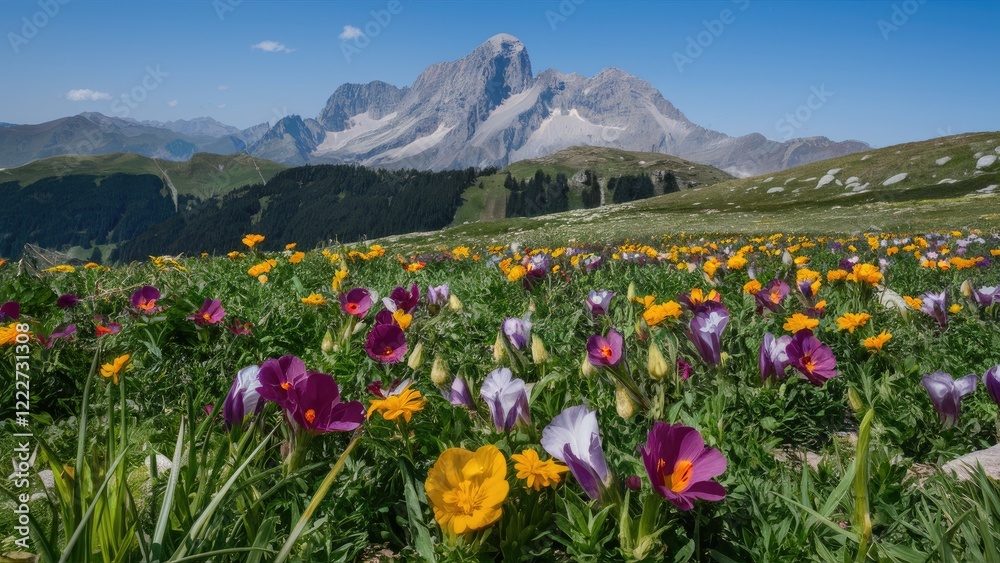 Fototapeta premium Vibrant alpine meadow filled with purple and yellow flowers in the foreground with a majestic mountain massif under clear blue sky in background