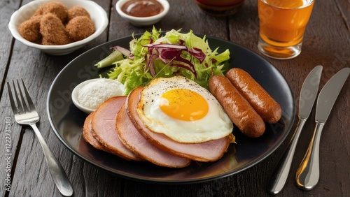 Wallpaper Mural Hearty American breakfast plate with ham, fried egg, sausage, and fresh salad on a dark wooden table, garnished with sauces and a drink on the side. Torontodigital.ca