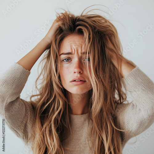 A woman with blonde hair is holding her head and frowning because she has long, messy hair that looks tangled and dirty against a white background.