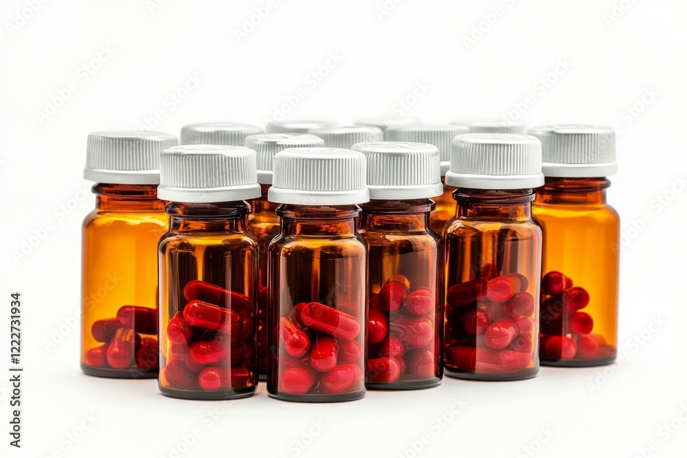 Amber Glass Bottles Filled with Red Capsules - Pharmaceutical Storage Amber Glass Bottles Filled with Red Capsules - Pharmaceutical Storage