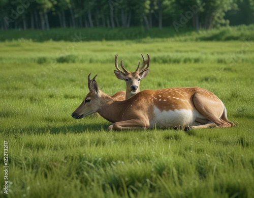 Wallpaper Mural Graceful deer lounging on the emerald green grass in Siberia, scenic, rural, vegetation, wildlife reserve Torontodigital.ca