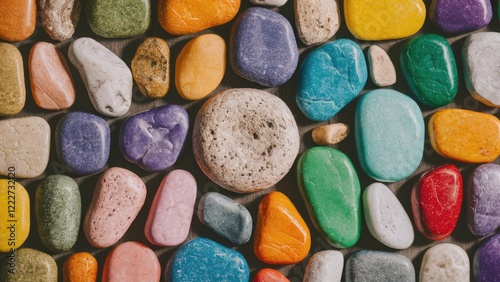 Colorful arrangement of smooth pebbles in vibrant hues of purple, orange, green, and blue creating an artistic textured background 1 photo