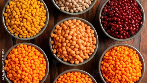 Wallpaper Mural Colorful bowls filled with vibrant legumes arranged in a circular pattern surrounded by a rustic wooden background showcasing earthy tones. Torontodigital.ca