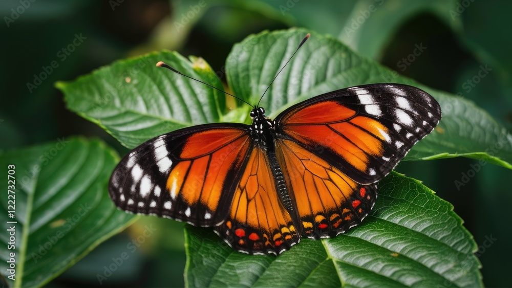 Fototapeta premium Vibrant orange butterfly with striking black and white patterns perched on a green leaf, displayed in a lush natural environment, close-up view.