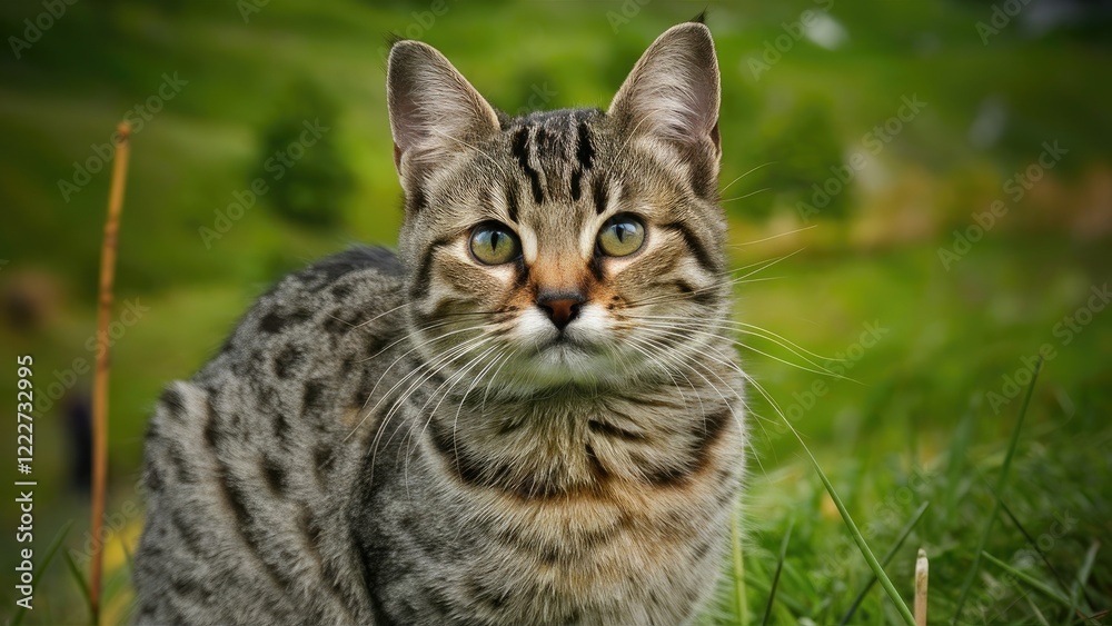 Sociable striped cat with green eyes gazing curiously, surrounded by lush green grass and soft blurred background elements showcasing nature. Sociable striped cat with green eyes gazing curiously, surrounded by lush green grass and soft blurred background elements showcasing nature.