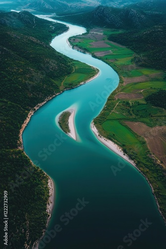 Top view of a river system flowing into a delta with clean water campaigns visible.