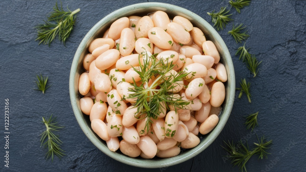 Bowl of creamy white canned beans topped with fresh herbs on a dark textured surface surrounded by scattered herb sprigs Bowl of creamy white canned beans topped with fresh herbs on a dark textured surface surrounded by scattered herb sprigs