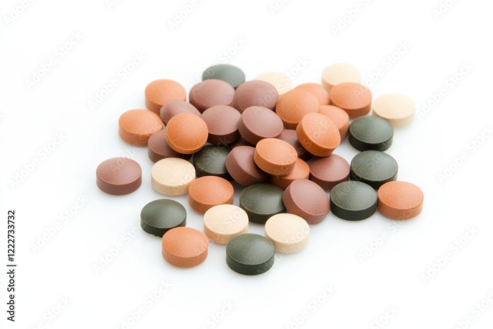 Explore the vibrant array of protein powder tablets scattered elegantly on a clean white background, showcasing dietary supplement variety Explore the vibrant array of protein powder tablets scattered elegantly on a clean white background, showcasing dietary supplement variety