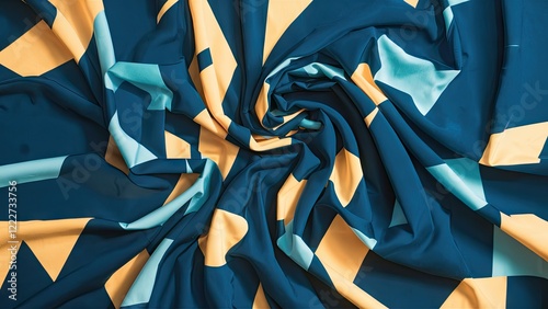 Abstract geometric fabric texture featuring teal, mustard yellow, and light blue colors, centralized swirl effect from a top view perspective. photo