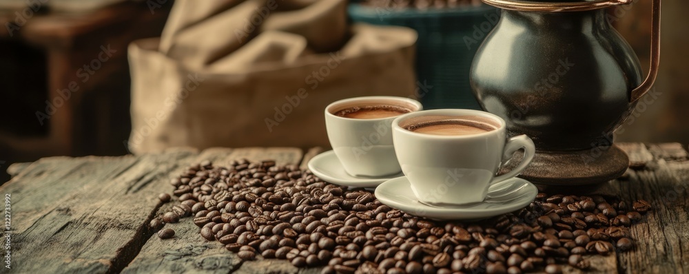 Rustic coffee scene with espresso cups and beans on wooden table Rustic coffee scene with espresso cups and beans on wooden table