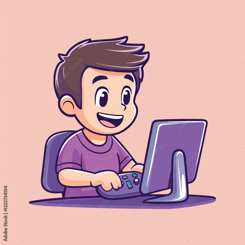 little cute man play video game vector illustration