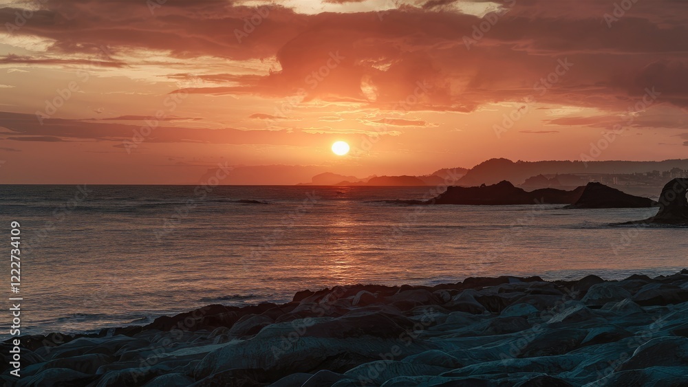Obraz premium Serene beach sunrise with orange and pink hues illuminating the sky as the sun rises above gentle waves and coastal silhouettes in the distance.