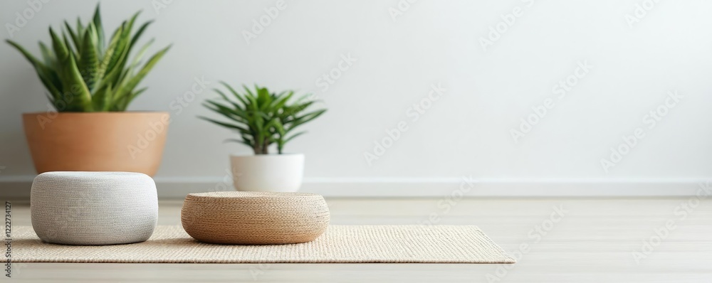 Fototapeta premium Neutral colors minimalist concept. Stylish indoor plants in modern pots on a minimalist rug in a bright room.