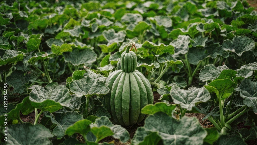 Lush green gourd plant field with a prominent round green gourd at the center surrounded by dense leafy foliage under natural light conditions Lush green gourd plant field with a prominent round green gourd at the center surrounded by dense leafy foliage under natural light conditions