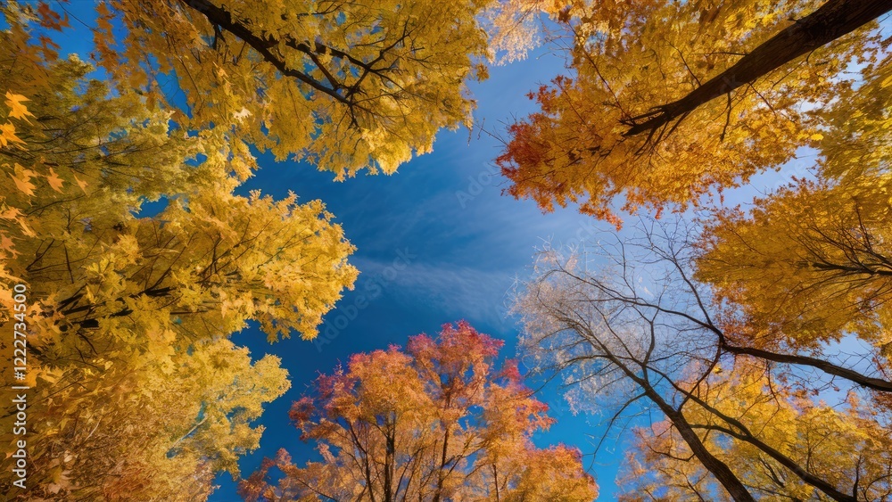 Vibrant autumn foliage with golden and red leaves framing a bright blue sky capturing the essence of fall from a ground perspective. Vibrant autumn foliage with golden and red leaves framing a bright blue sky capturing the essence of fall from a ground perspective.