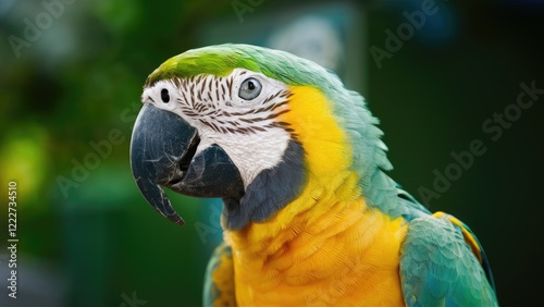 Colorful macaw parrot portrait with vibrant green and yellow feathers, facing left, detailed facial features against a blurred green background.