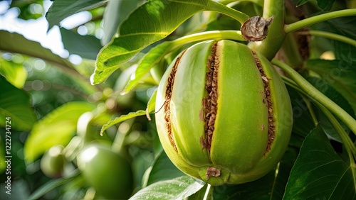 Closeup of green calabash fruit with striped texture hanging amidst vibrant green leaves against a softly blurred natural background