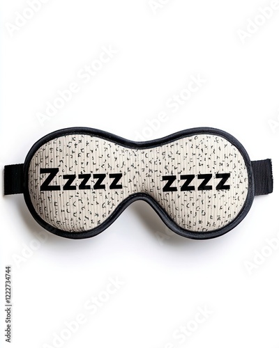 A sleep mask with a patterned design and the text 