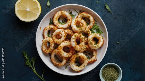Crispy golden squid rings garnished with herbs served on a white plate with lemon half and green seasoning on dark textured background.
