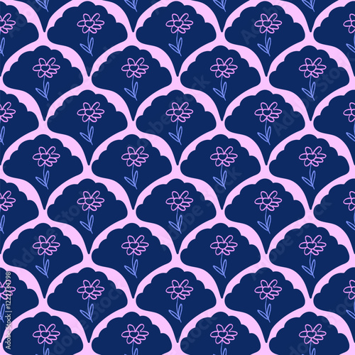 Flowers crayon drawn seamless pattern. Floral allover background. Stylized botany scallop repeat backdrop. Surface pattern design spring motif. Vector hand drawn illustration.
