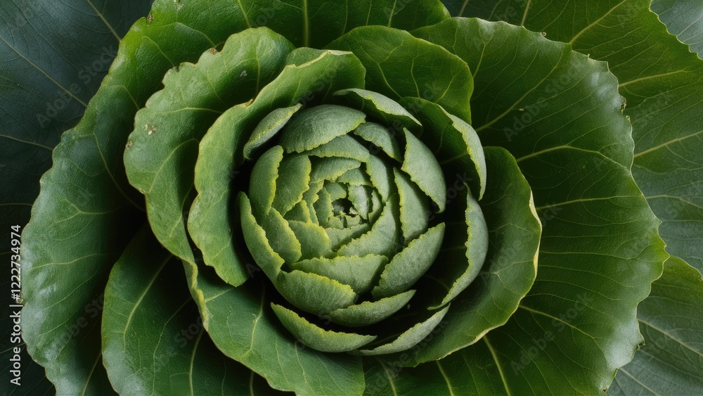 Obraz premium Vibrant green artichoke close-up centered on a dark green leaf background with intricate layering and textures emphasizing freshness and natural beauty.