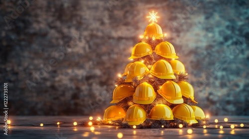 Unique Christmas tree decorated with yellow hard hats and lights for a festive construction-themed celebration