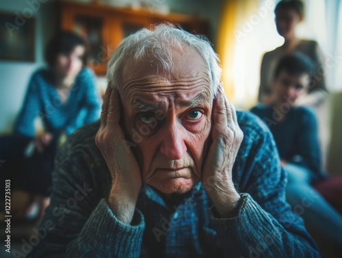 An elderly man shows distress while family members observe, capturing emotions of aging and social dynamics in family settings.